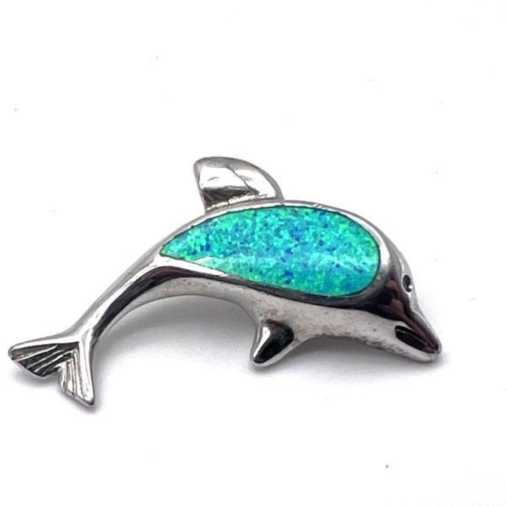 Women's Dolphin 3D Blue Opal Sterling Silver Bracelet Charm Necklace Pendant - Picture 2 of 5